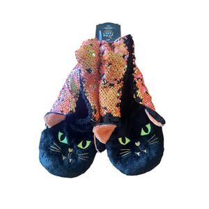 Womens Black Cat Flip Sequin Pull On Halloween Slipper Socks Black & Orange